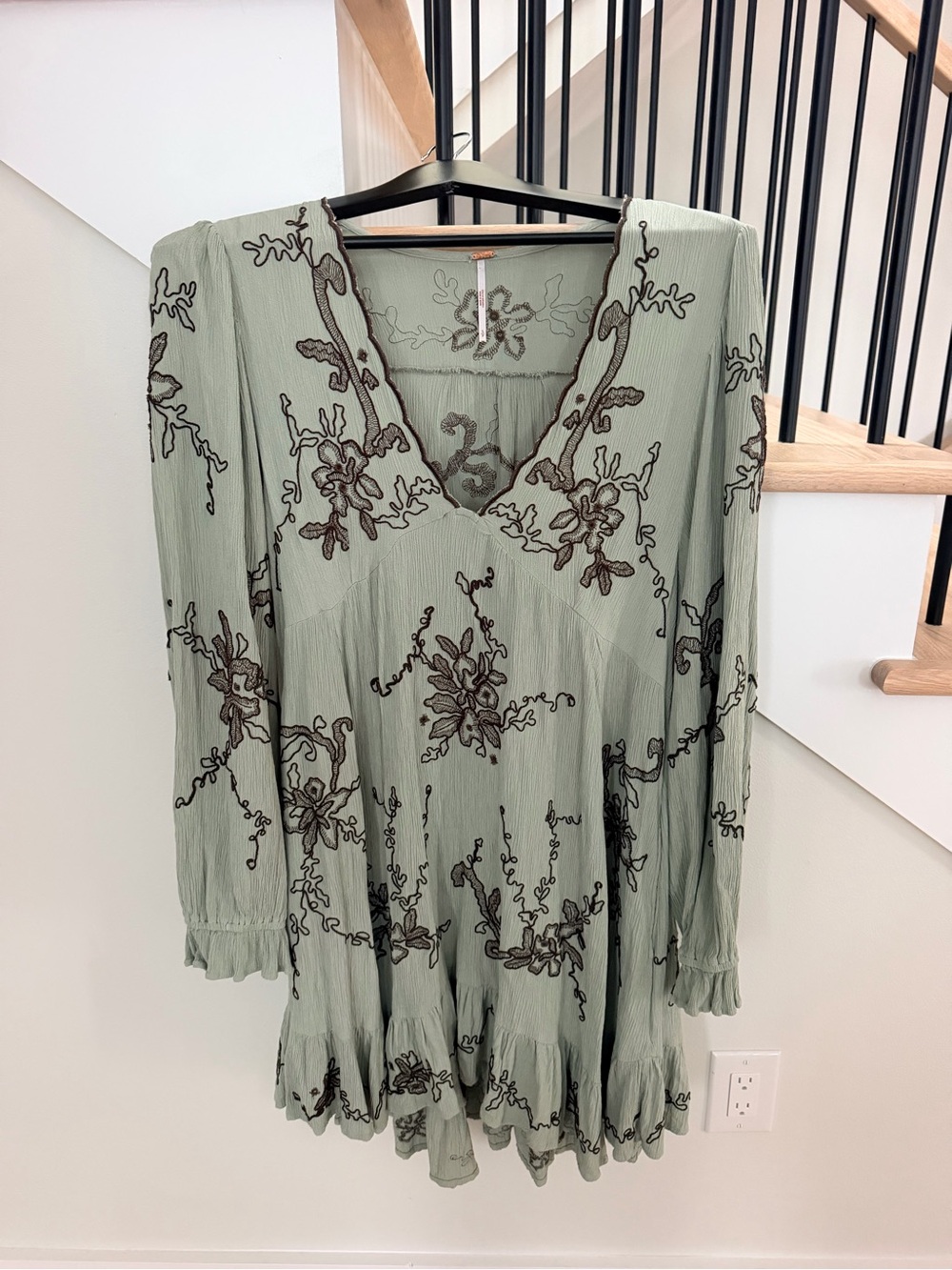 Free People Estella Sage Green Embroidered V-Neck Tunic Dress